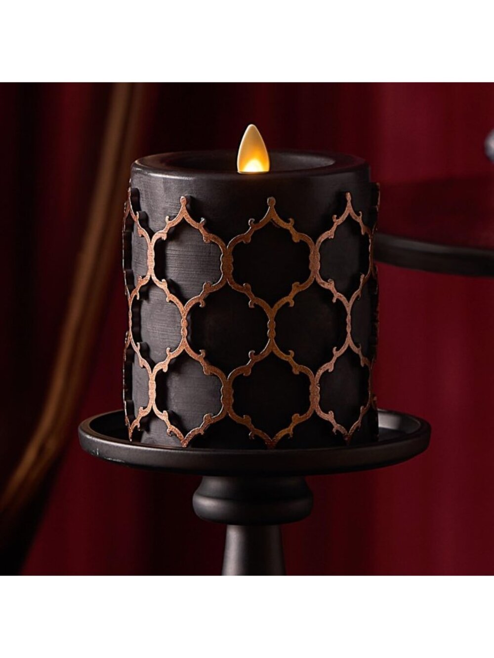 Flameless LED Pillar Candle - Black Embossed Fretwork, Timer, Real Wax, 3.5x4.5